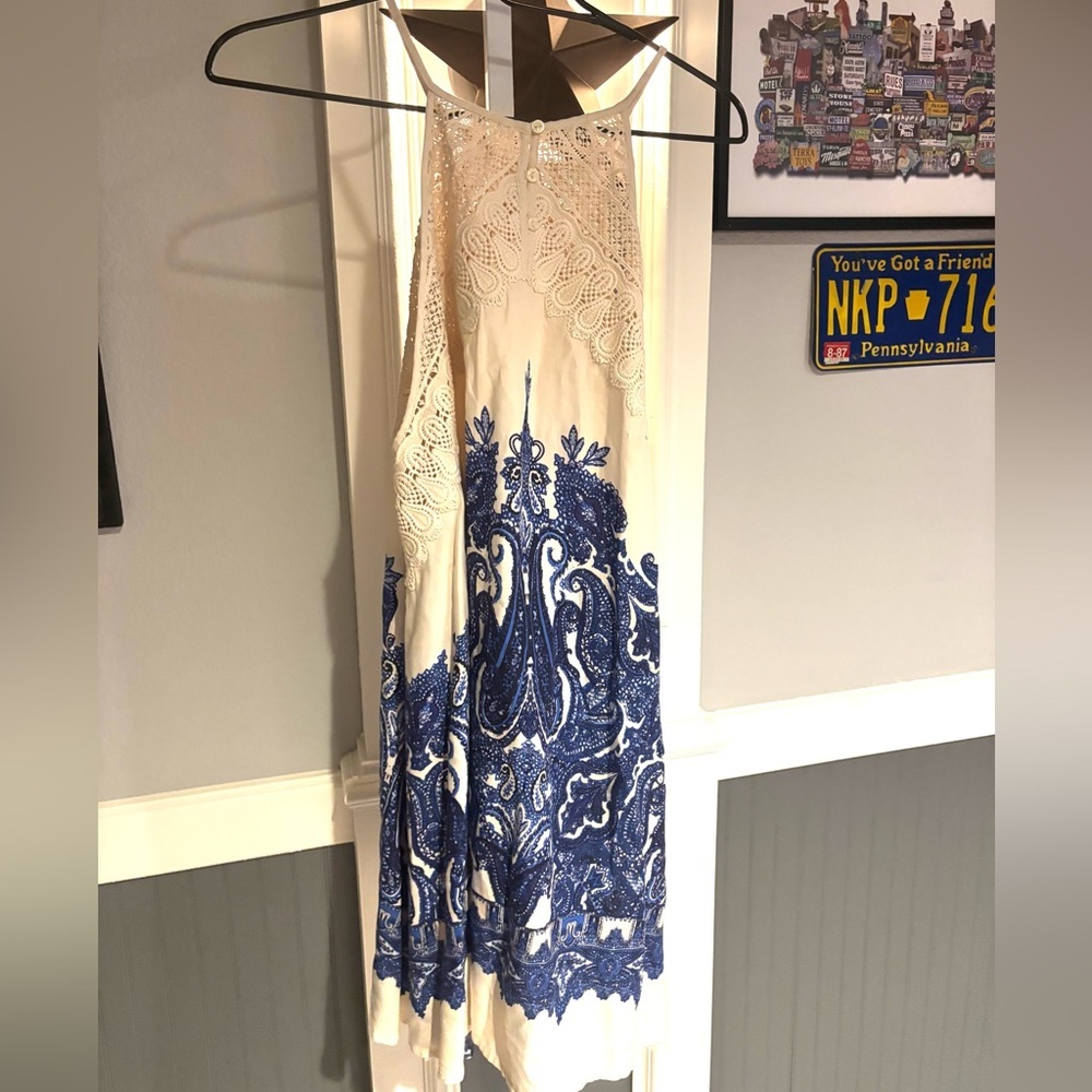Free People Intimately Shea Printed Halter Mini Dress in White & Blue - Size M - Picture 3 of 5